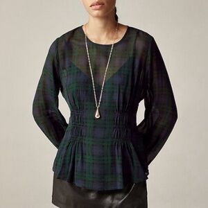 J. CREW Chiffon shirred-waist top Black Watch tartan Cooper Green Blue CF444